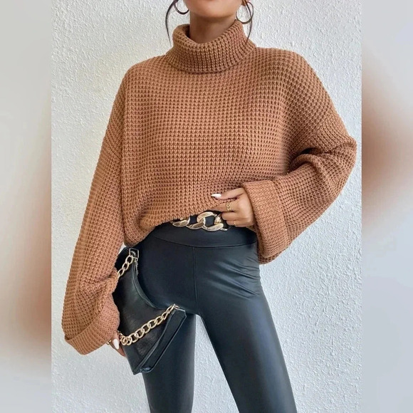 Turtleneck Drop Shoulder Waffle Knit Sweater - Picture 1 of 3